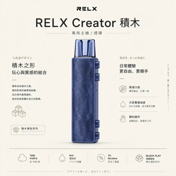 ChatGPT-Image-2026年8月21日-01_05_36.webp RELX 悅刻 Creator 積木 7000 口拋棄式電子煙入門套裝|含主機+6ml 儲油倉
