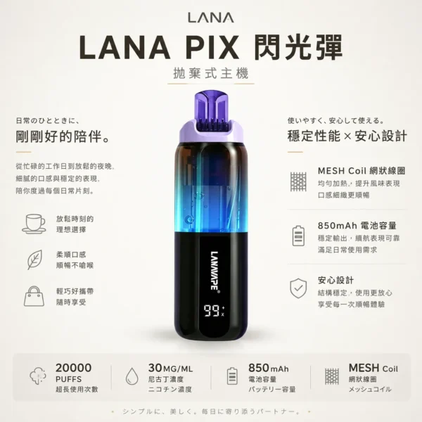 LANA PIX 閃光彈 20000口拋棄式電子煙｜獨家可摺疊吸嘴＋15ml巨量儲油