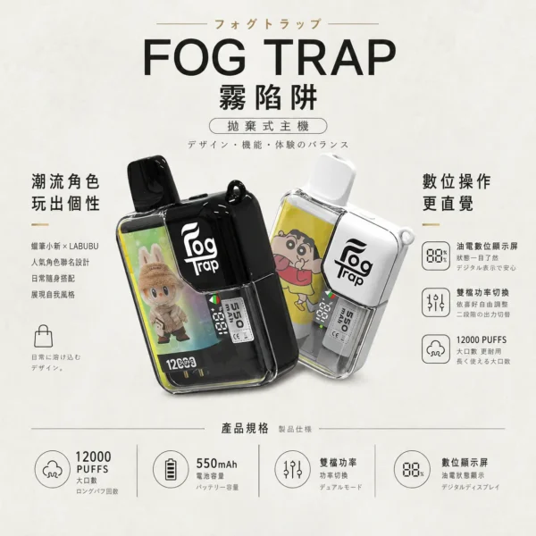 【買十送一】Fog Trap 蠟筆小新 × LABUBU 限量聯名 12000口拋棄式電子煙｜油電數位顯示屏＋雙檔功率切換
