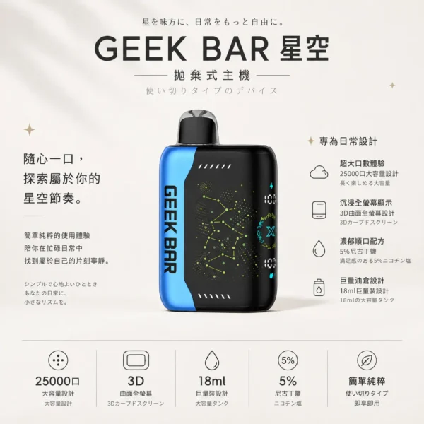 ChatGPT-Image-2026年8月22日-下午07_29_27.webp 【買5贈1】GEEK BAR Pulse X 星空系列 25000口 拋棄式電子煙|18ml 巨量裝+首創 3D 曲面全螢幕,5% 尼古丁鹽
