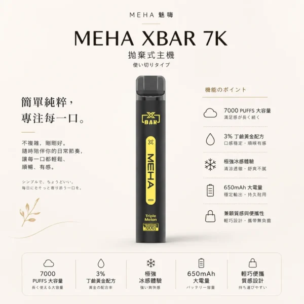 ChatGPT-Image-2026年8月23日-下午07_44_04.webp MEHA XBAR 魅嗨 小黑條 7000口 拋棄式電子煙|Mesh 芯強勁爆發力+極強冰感體驗,3% 尼古丁鹽黃金配方搭配 650mAh 可充電長效續航
