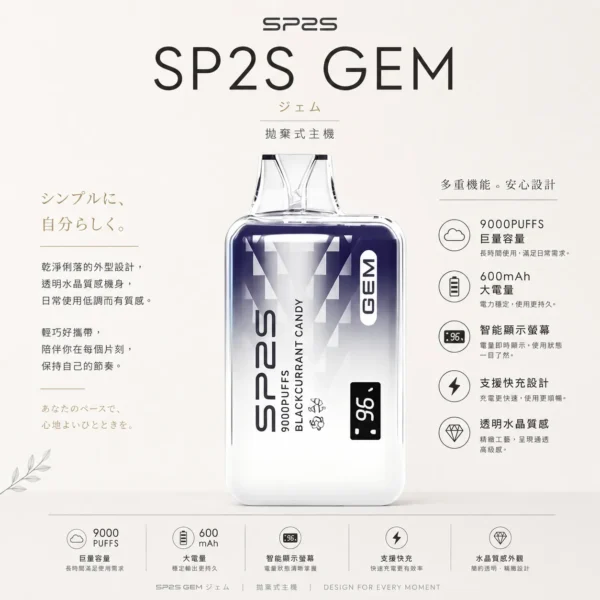 ChatGPT-Image-2026年8月24日-下午10_01_19.webp SP2S 思博瑞 GEM 9000口 拋棄式電子煙|智能顯示螢幕+600mAh 大電量快充,透明水晶質感