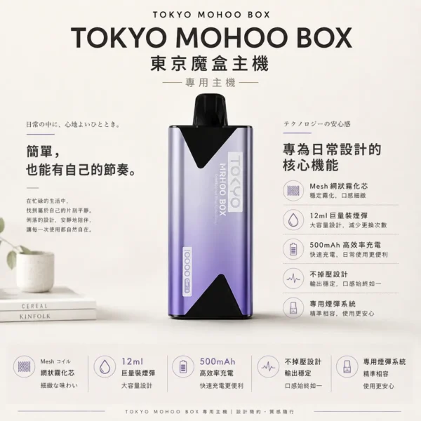 TOKYO MOHOO BOX 東京魔盒 專用主機｜12ml 巨量裝薄型機身＋Mesh 網狀霧化芯强勁口感