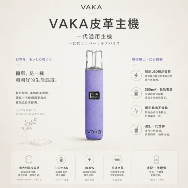 ChatGPT-Image-2026年8月25日-下午09_29_48.webp VAKA 義大利真皮 一代通用主機|智能 LED 顯示螢幕+8W-10W 雙檔功率調節,380mAh 快充穩定輸出適配一代煙彈