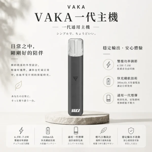 VAKA 一代通用主機｜6.5W-7.0W 雙檔功率可調自定義口感＋穩定輸出不波動，380mAh 快充續航通用一代煙彈