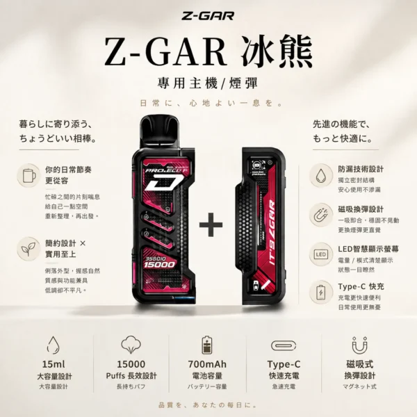 ChatGPT-Image-2026年8月25日-下午10_31_36.webp 【加購100贈主機】Zgar 冰熊 卡帶 15000口專用磁吸換彈拋棄式電子煙|LED智慧螢幕+15ml煙油