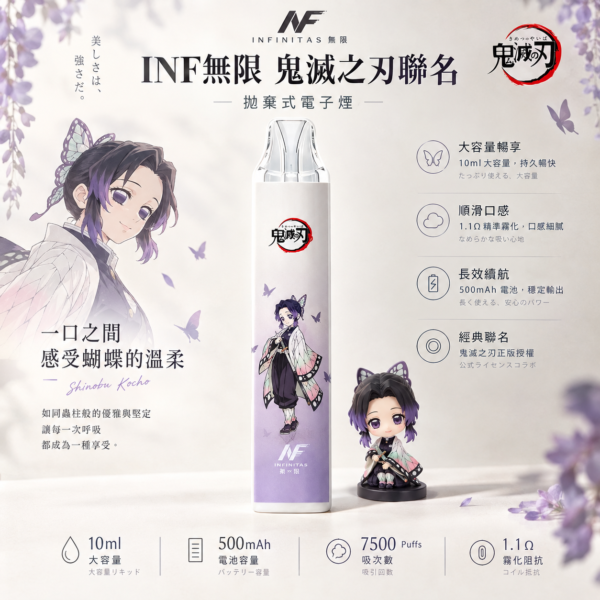 INF 無限 鬼滅之刃聯名 7500口 拋棄式電子煙｜鬼滅之刃聯名造型＋10ml 大容量煙油，Mesh 網芯強勁爆發，配置 550mAh 大容量電芯