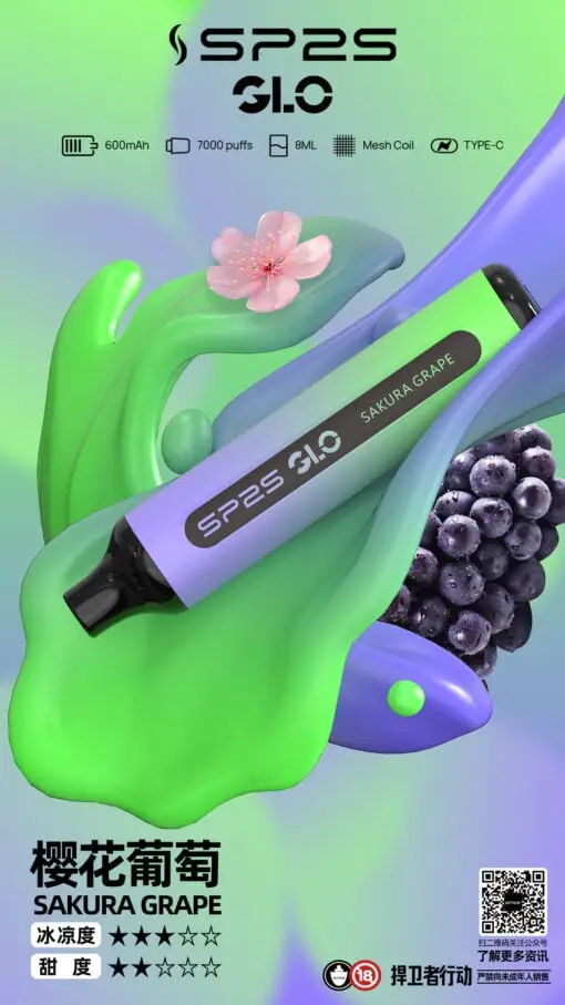 DM_20250516180412_011.webp SP2S GLO 7000口 拋棄式電子煙|8ml 巨量煙油+Mesh 網狀霧化核心,支援 Type-C 快充