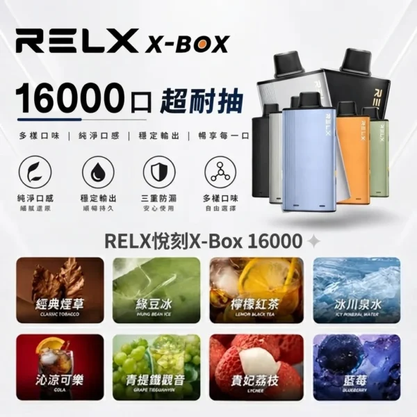 RELX-X-box-16000-RELX拋棄式16000口-RELX電子煙官網.webp RELX 悅刻 X-BOX 16000口專用換彈拋棄式電子煙|12W-16W雙段功率調節